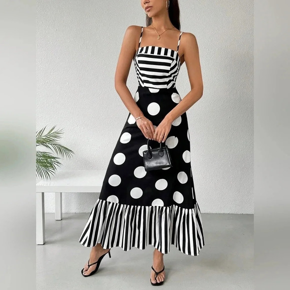 Classic Striped Polka Dot Spliced French Style Women Cami Dress For Spring/Summe - Picture 1 of 6